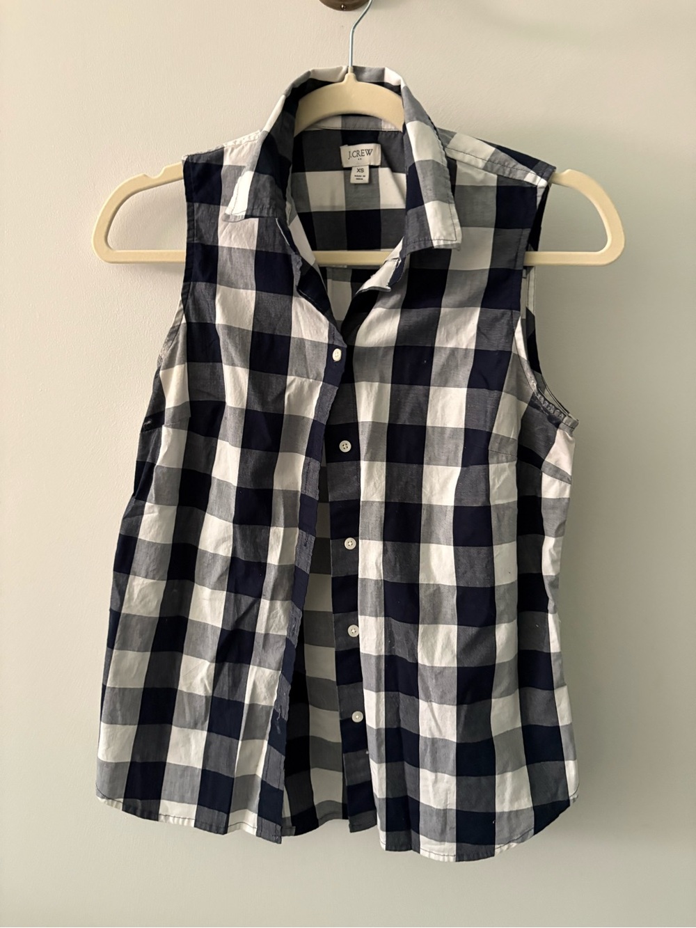 J. Crew Navy and White Gingham Sleeveless Button-Down Shirt